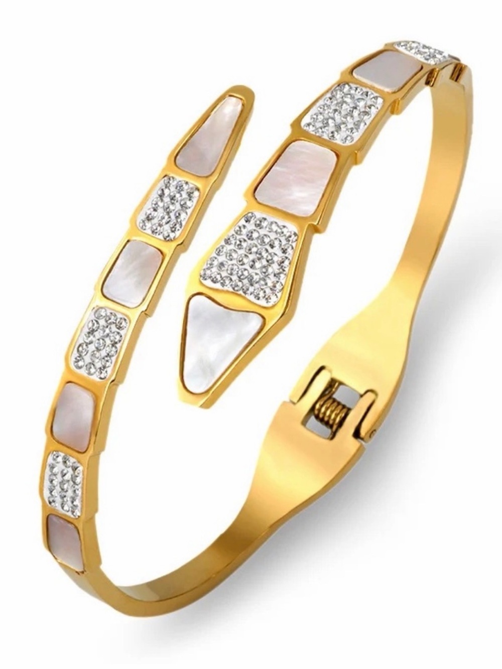 Gold-Tone Mother of Pearl & Crystal Snake Cuff Bangle